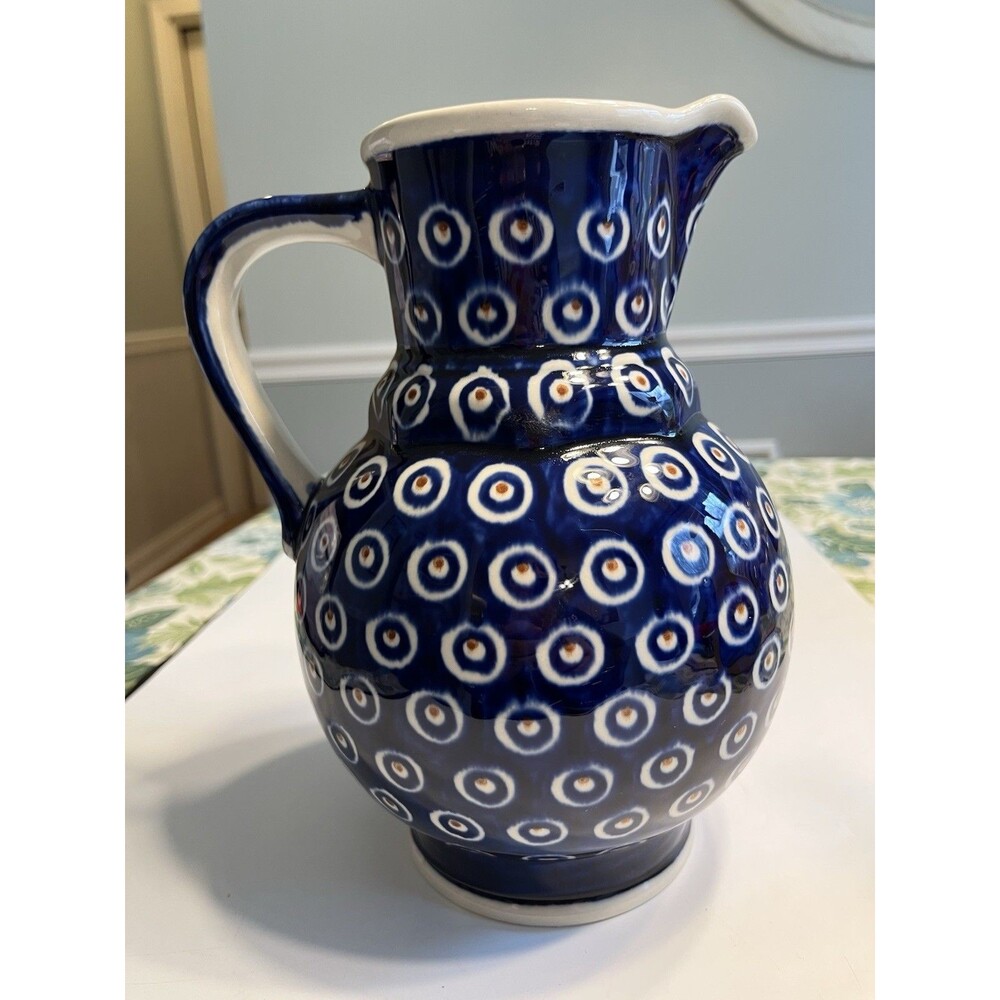 Boleslawiec Polish Pottery Peacock Eyes Blue Pitcher Large 64oz  9-1/2 in Tall